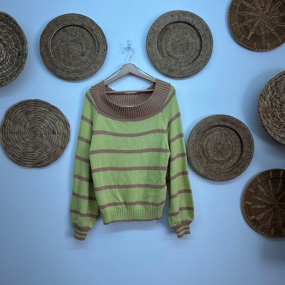 NEW By Together Boutique Off Shoulder Knit Matcha Latte Striped Sweater Small - Picture 2 of 7